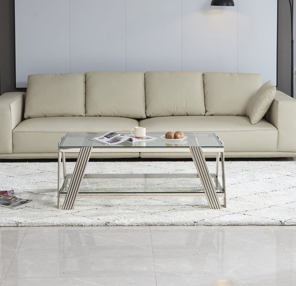 English Elm 47" Wide Modern Stainless Steel Coffee Table With Clear Glass Top & Storage, Easy Assembly, Silver W2978S00003