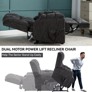 English Elm Dual Motor Power Lift Recliner Chenille Chair with Massage Heat and Infinite Positions Grey W3224P288492