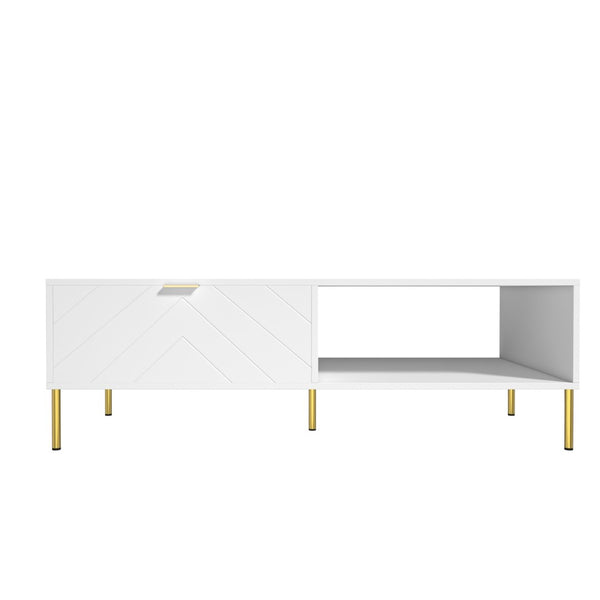 English Elm Mid-century Modern Coffee Table with Dual Drawers Tapered Legs and Open Storage Shelf White T3609P482851