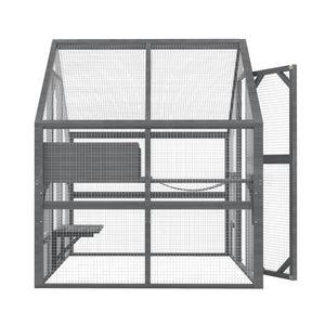 English Elm Cat, Outdoor Wood Enclosure Multi-level Shelter with Platforms Resting Boxes Waterproof Canopy W1598S00039
