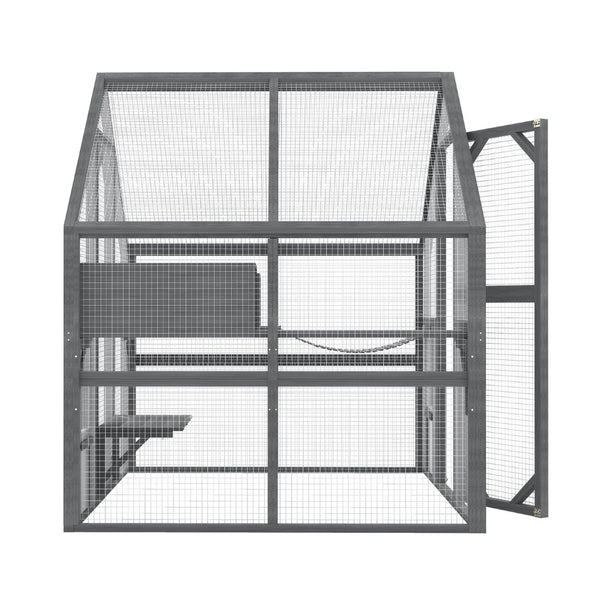 English Elm Cat, Outdoor Wood Enclosure Multi-level Shelter with Platforms Resting Boxes Waterproof Canopy W1598S00039