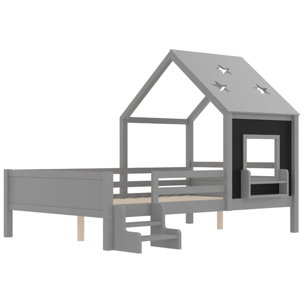 English Elm Full Bunk Bed with Trundle Bookshelf Storage Pine Frame Car Design for Kids Gray W1580S00296