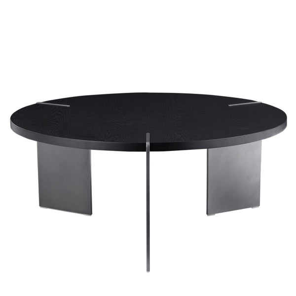 English Elm Round Round Coffee Table with Distressed Walnut Laminate Top and Sturdy Metal Frame, Eco-Friendly Finish Black W820S00066