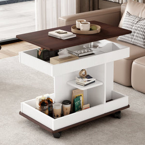 English Elm U-Can Modern Adjustable End Table with 360° Rotating Lift-Top, Lockable Wheels and Storage Space Brown+White N724P292505K