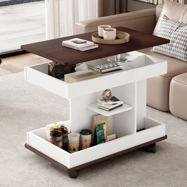 English Elm U-Can Modern Adjustable End Table with 360° Rotating Lift-Top, Lockable Wheels and Storage Space Brown+White N724P292505K