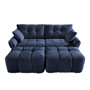 English Elm 2 Seater Sofa Set with Ottomans and Throw Pillows Plush Chenille Tufted Design Durable Wood Frame Comfort Blue W714S01147