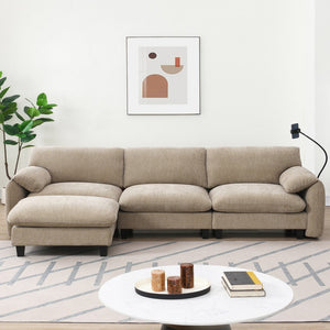 English Elm 108" Modular Sectional Sofa with USB & Type-C Chargers, Phone Cradle, Side Pockets, Movable Ottoman Light Khaki+Beige N723S7039D