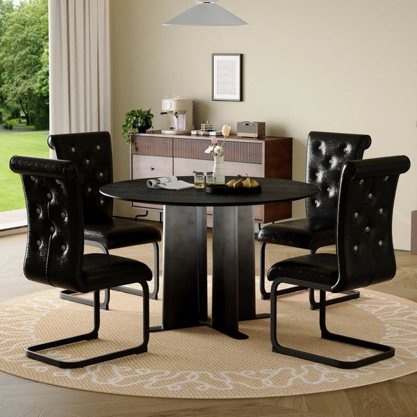 English Elm Modern Round Pedestal Dining Set with Tufted Pvc Chairs and Gradient Base W3875S00078