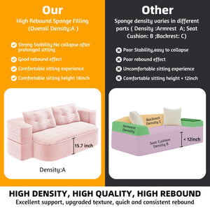 English Elm 78.7" Plush Corduroy Convertible Sleeper Sofa with Tufted Back and Foldable Floor Bed Baby Pink W3219P410144