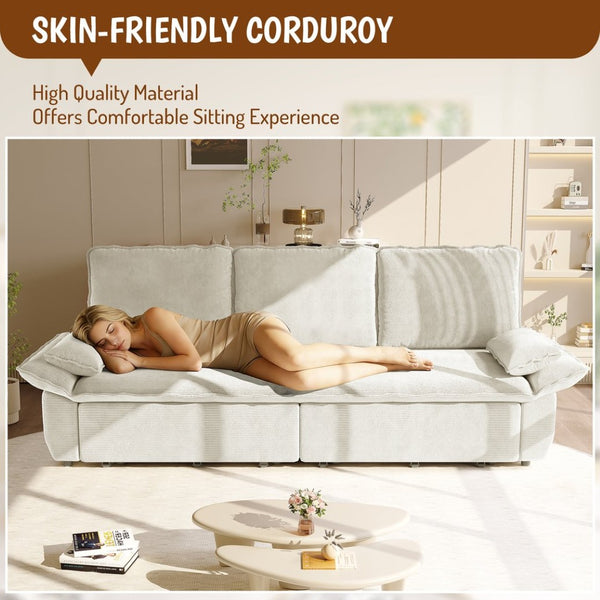 English Elm 94.5" King Convertible Sleeper Sofa Corduroy Upholstered Chaise Lounge Guest Room Bed White W1885S00403