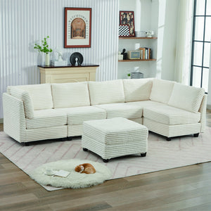 English Elm Corduroy Plush U-Shaped Sectional Sofa with Storage Ottoman, Pet-Friendly Durable Modular Comfort Beige W2915S00062