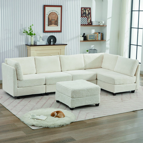 English Elm Corduroy Plush U-Shaped Sectional Sofa with Storage Ottoman, Pet-Friendly Durable Modular Comfort Beige W2915S00062