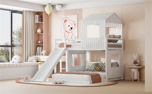 English Elm Wooden Twin Over Full Bunk Bed Farmhouse Playhouse Slide Pinewood Kids Loft White LT000328AAK