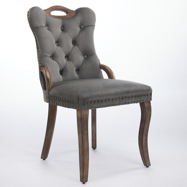 English Elm Velvet Upholstered Dining Chair with Handmade Tufting, Solid Wood Handles, Copper Nail Trim, Set of 2 Gray W1143P338141