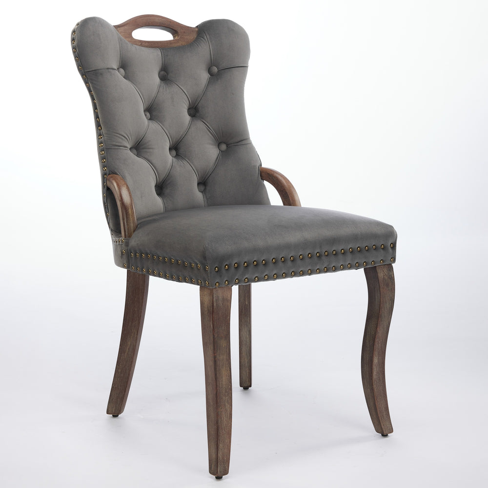 English Elm Velvet Hand-Tufted Dining Chair with Solid Wood Handles and Curved Legs, Vintage Copper Accents Gray W1143P338141
