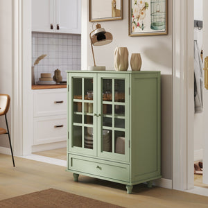 English Elm Minimalism Mint Green Buffet Cabinet with Tempered Glass Doors, Solid Wood Legs, Adjustable Shelves & Drawer (Classic Vintage) W2557P262926