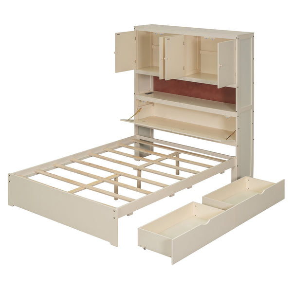 English Elm Full Size Wooden Platform Bed With Usb Charging, Storage Headboard & Elegant Drawers In Cream N820S00045K