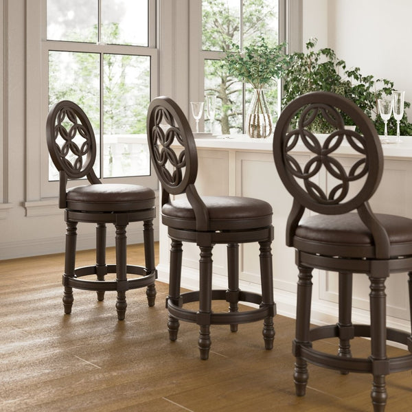 English Elm 26" Solid Wood Swivel Counterstool High Back Faux Leather Seat for Kitchen Island Walnut B2751P436476