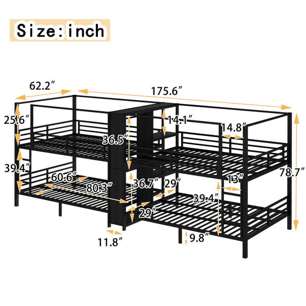 English Elm Queen Size Quadruple Metal Bunk Bed With Storage, Noise-Reducing Design & Sturdy Black Frame W1580S00156-GIGA