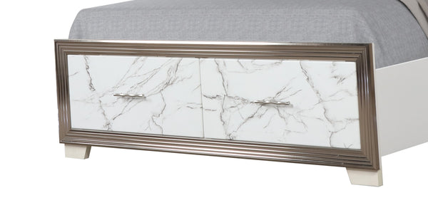 English Elm Desire King Bed with Plush Channelled LED Headboard, Marble-Pattern Footboard Storage & Metallic Trim B009S01591