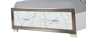 English Elm Desire Queen Bed with Plush Channeled Upholstered LED Headboard, Marble-Pattern Footboard Storage, Metallic Trim B009S01590