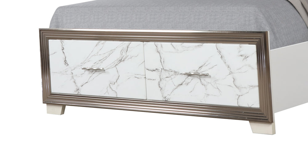 English Elm Desire Queen Bed with LED Upholstered Headboard, Marble-Pattern Footboard & Deep Storage Drawers, Metallic Trim B009S01897