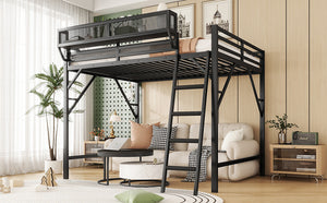 English Elm Full Size Loft Bed with Ladder and Built-In Shelves, Sturdy Metal High Loft for Kids Teens 54" Black W2580P379998