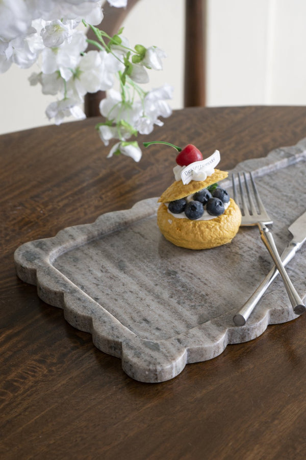 English Elm 14x8" Scalloped Marble Tray with Natural Gray Finish for Entertaining, Organizing, and Displaying Elegance W2078P359174