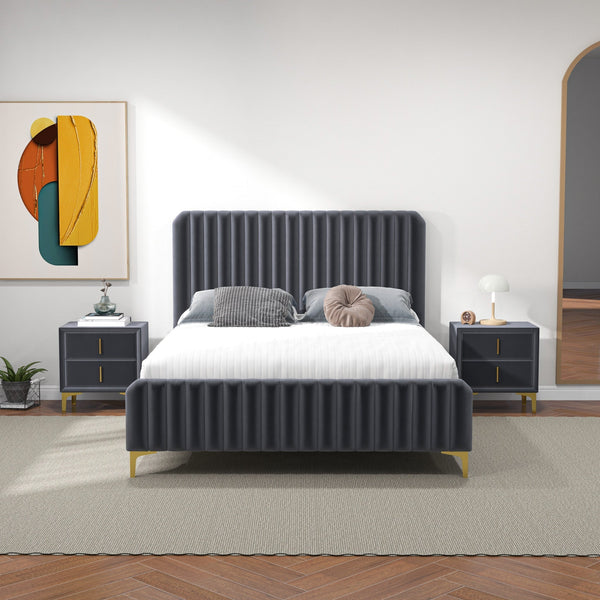 English Elm Ashcroft Furniture - Bethany Velvet Upholstered Platform Bed Queen Gray – Plush Elongated Headboard, Solid Wood Legs, No Box Spring Needed (Modern) B183S00089