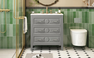 English Elm 30'' Bathroom Vanity with Ceramic Sink, Solid Wood Frame Retro Style Vanity with 3 Drawers & Gold Handles Gray N710P246209E