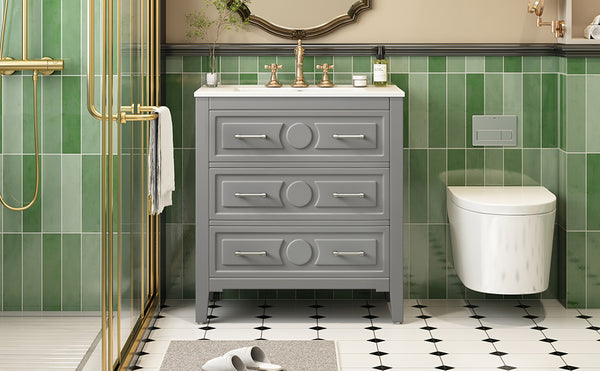 English Elm 30'' Bathroom Vanity with Ceramic Sink, Solid Wood Frame Retro Style Vanity with 3 Drawers & Gold Handles Gray N710P246209E