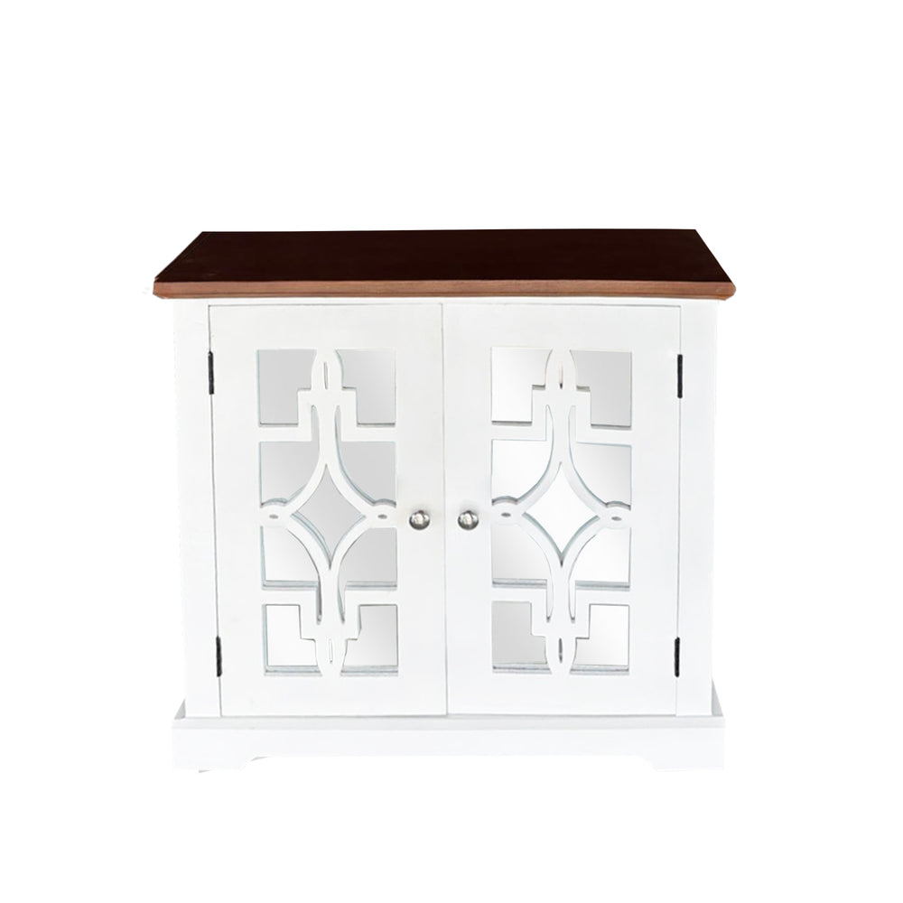 English Elm Logan Solid Wood Accent Cabinet with Mirror Door & Shelf, Mahogany Top, White Multi Finish — Durable Stylish Storage B091P341676