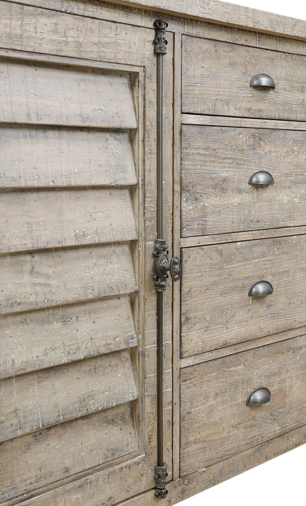 English Elm Wallace & Bay - Taupe Louvred Door Buffet Cabinet with Rustic Sandstone Finish, Easy-Care Wood Storage, 68"W x 42"H B361P384466