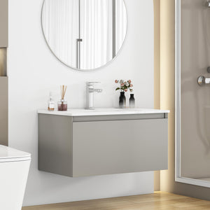 English Elm 32-Inch Wall-Mounted Bathroom Vanity With Soft-Close Drawer, Durable Ceramic Sink, Mocha Gray Finish W3151S00043