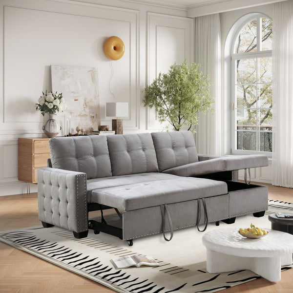 English Elm 77 Reversible 77 Inch Sectional Storage Sleeper Sofa Bed with Pull-Out Guest Bed, Velvet Plush Seating LIGHT GREY W120343142