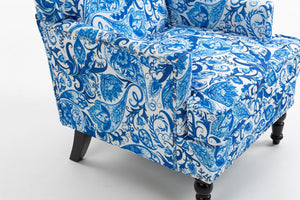 English Elm Upholstered Accent Chair with Porcelain-Print Linen, Nailhead Trim, High-Density Foam Comfort and Solid Wood Frame Blue and White Stripes W2530P365002