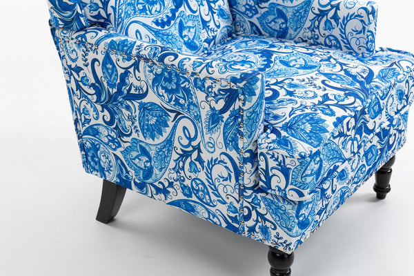 English Elm Upholstered Accent Chair with Porcelain-Print Linen, Nailhead Trim, High-Density Foam Comfort and Solid Wood Frame Blue and White Stripes W2530P365002