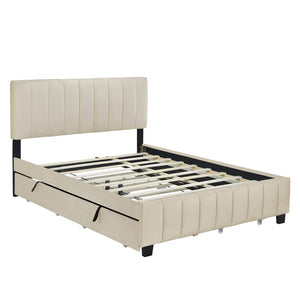 English Elm Queen Tufted Velvet Platform Bed with Storage Drawers and Pull Out Trundle Beige LP000714AAA-1