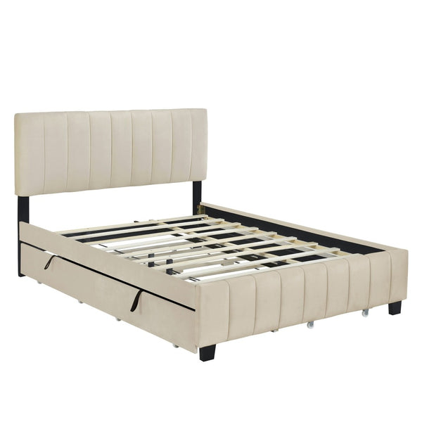 English Elm Queen Tufted Velvet Platform Bed with Storage Drawers and Pull Out Trundle Beige LP000714AAA-1