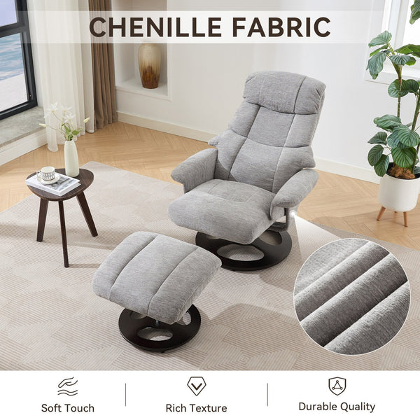 English Elm 010-Ergonomic Recliner Chair with Ottoman — 360° Swivel Lounge, Chenille Comfort, Heated Seat, Massage, Adjustable Backrest Grey W2636P262448