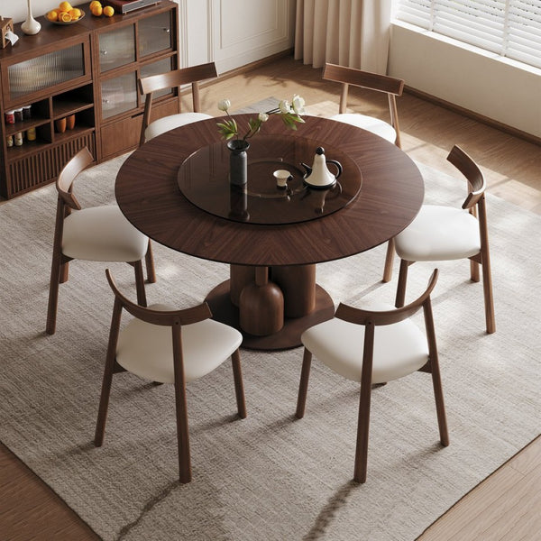 English Elm 59-inch Solid Oak Wabi-sabi Round Dining Set 6 Chairs Lazy Susan Japanese Craft W2700S00137