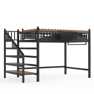 English Elm Full Size Metal Loft Bed with Stair Storage Shelves Bookshelf for Dorms Bedroom W1580S00378