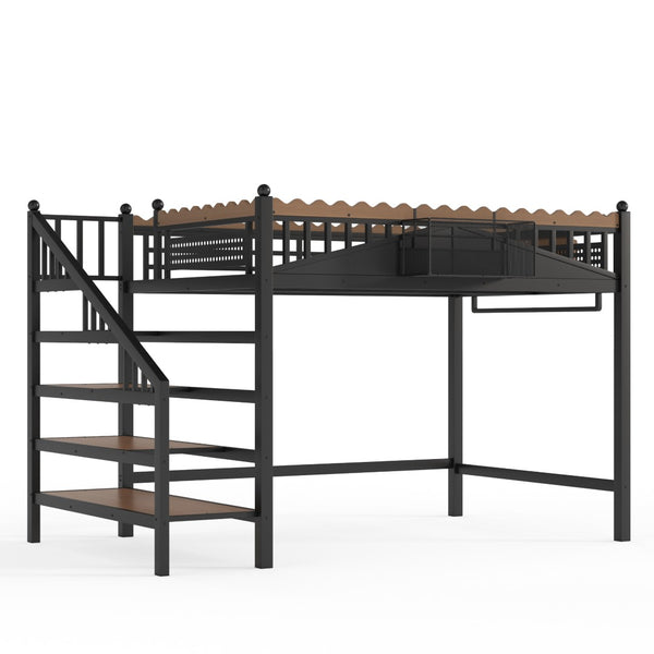 English Elm Full Size Metal Loft Bed with Stair Storage Shelves Bookshelf for Dorms Bedroom W1580S00378