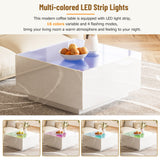 English Elm Square High Glossy Coffee Table With 16-Color Led Strip Lights, Modern Center Table With 5Mm Frosted Tempered Glass Top For Living Room, White, 27.5*27.5In