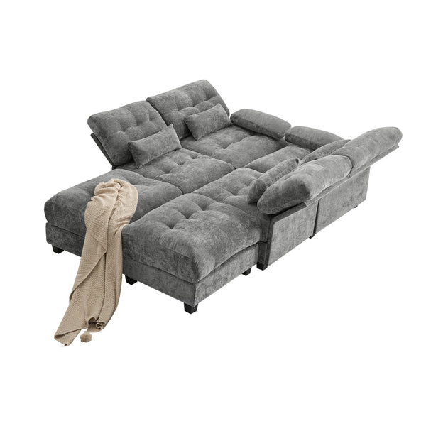 English Elm 119" 4-Seater Sofa with 2 Ottomans - Adjustable 4-Position Backs, 350lb Seats, Soft Chenille, Pillows Gray W2606S00037