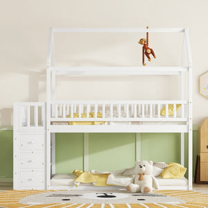 English Elm Twin/twin House Bunk Bed Solid Pine Playhouse Frame with Storage Drawers Shelves White W697S00032