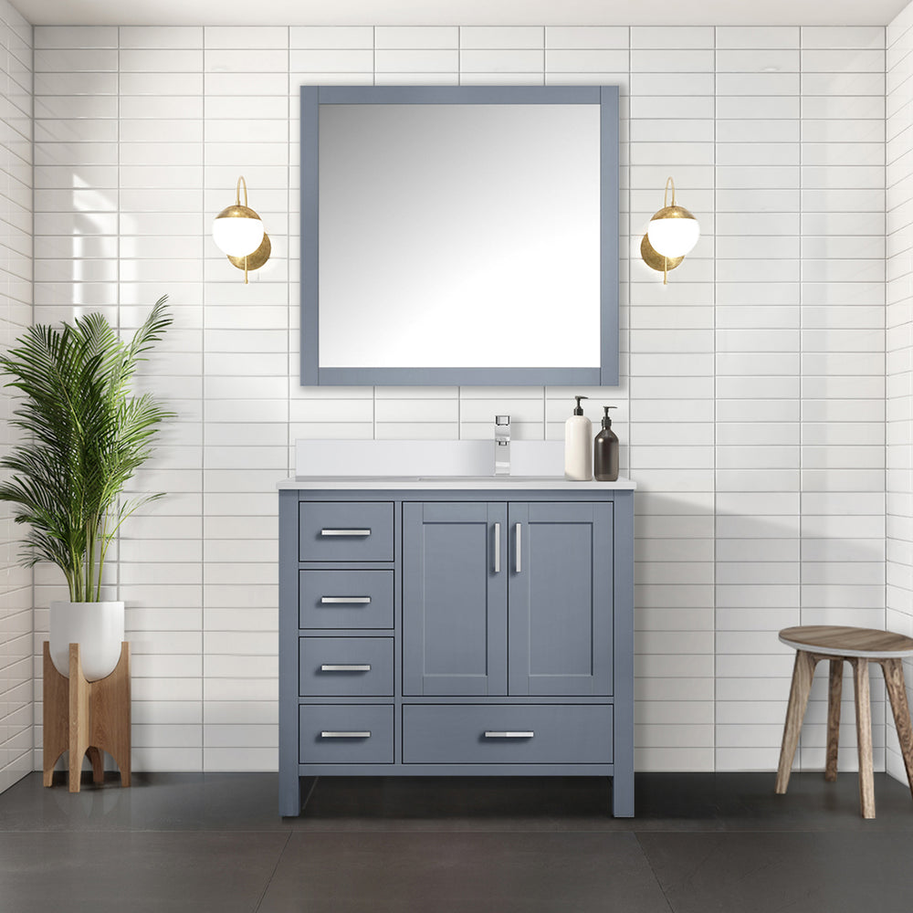 English Elm Dark Grey Bath Vanity With Right Offset White Quartz Top, Chrome Faucet, And Matching Mirror Set B2731S01263