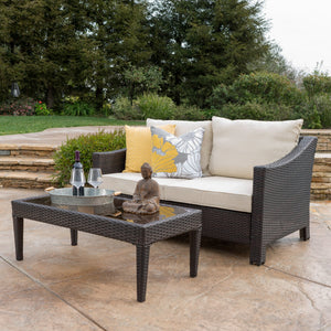 English Elm Christopher Knight Home® - ANTIBES RATTAN LOVESEAT SET WITH SIDE TABLE – Weatherproof PE Wicker, Iron Frame, Compact Patio Seating Brown 57088.00SET