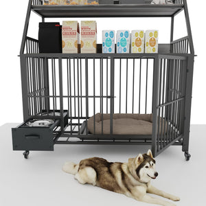 English Elm Large Pet Cage with Iron Frame Mdf Panels Storage Rack and Steel Feeding Basins Black,Gray+Charcoal W3064P245387
