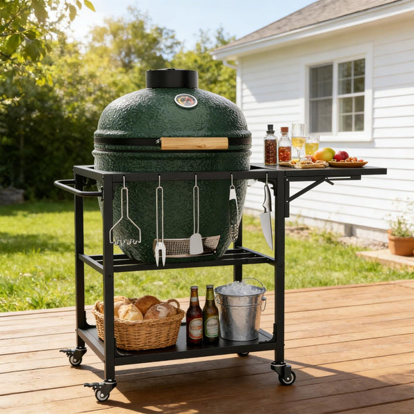 English Elm Outdoor Kamado Grill Cart with Folding Prep Surface Hooks Wheels and Storage Shelf W3190P416753